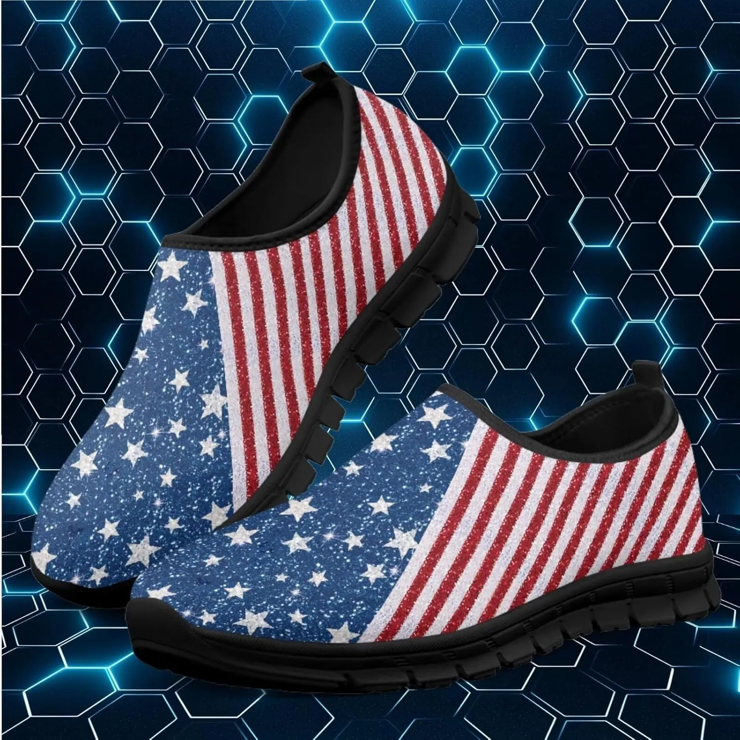 American Flag Walking Shoes for Women Slip On Casual Running Shoes Low Top Mesh Sport Shoes Lightweight Adult Jogging Shoes