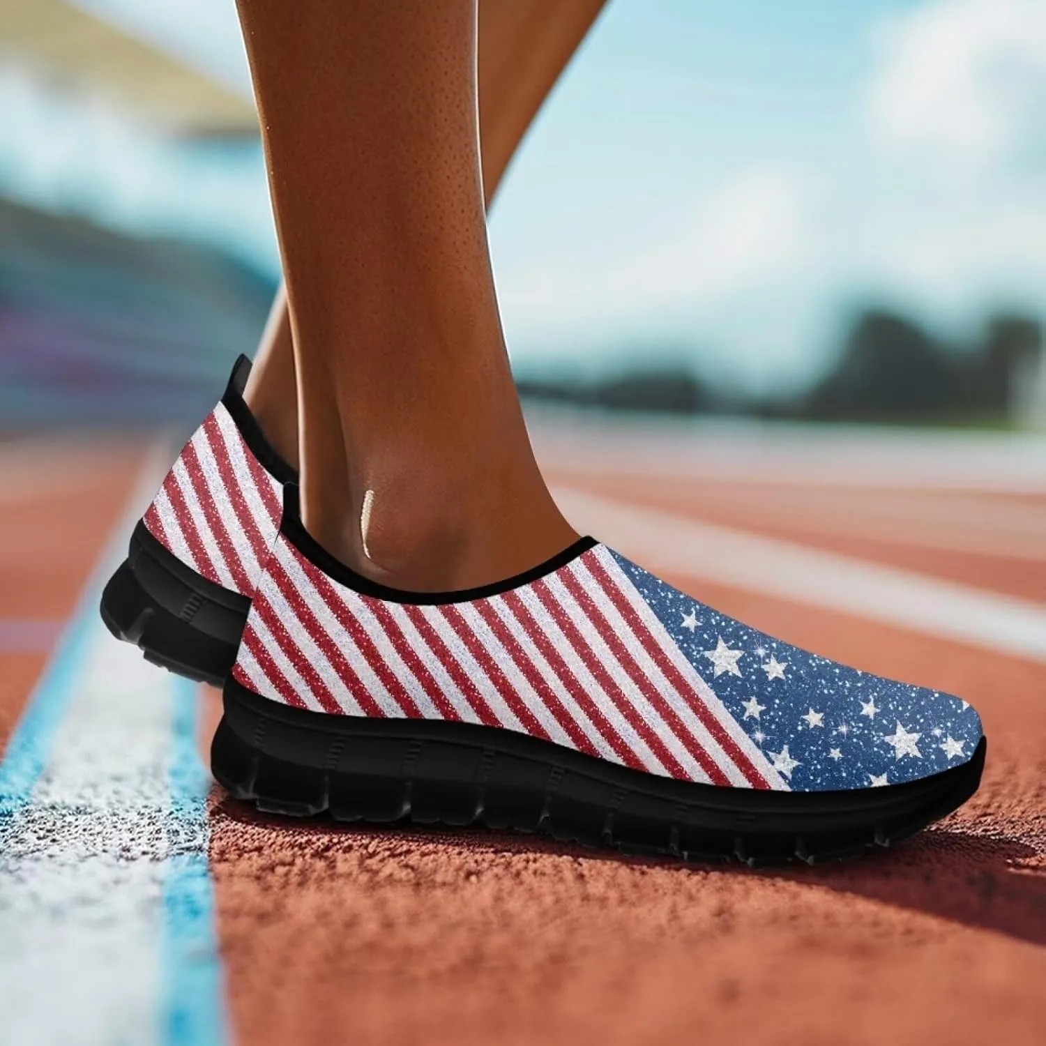American Flag Walking Shoes for Women Slip On Casual Running Shoes Low Top Mesh Sport Shoes Lightweight Adult Jogging Shoes