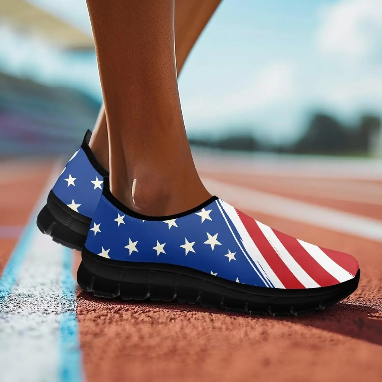 American Flag Walking Shoes for Women Slip On Casual Running Shoes Low Top Mesh Sport Shoes Lightweight Adult Jogging Shoes