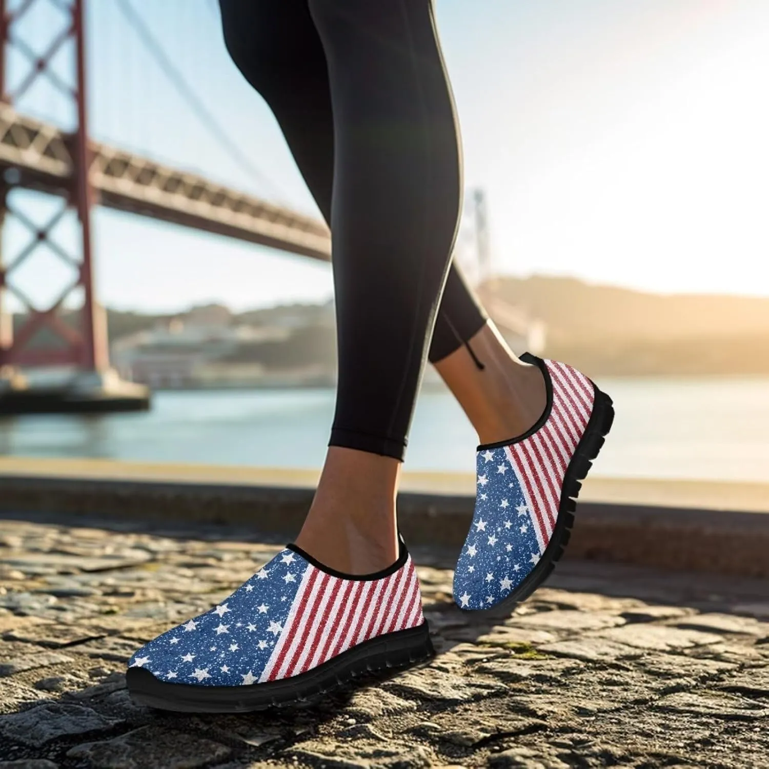 American Flag Walking Shoes for Women Slip On Casual Running Shoes Low Top Mesh Sport Shoes Lightweight Adult Jogging Shoes