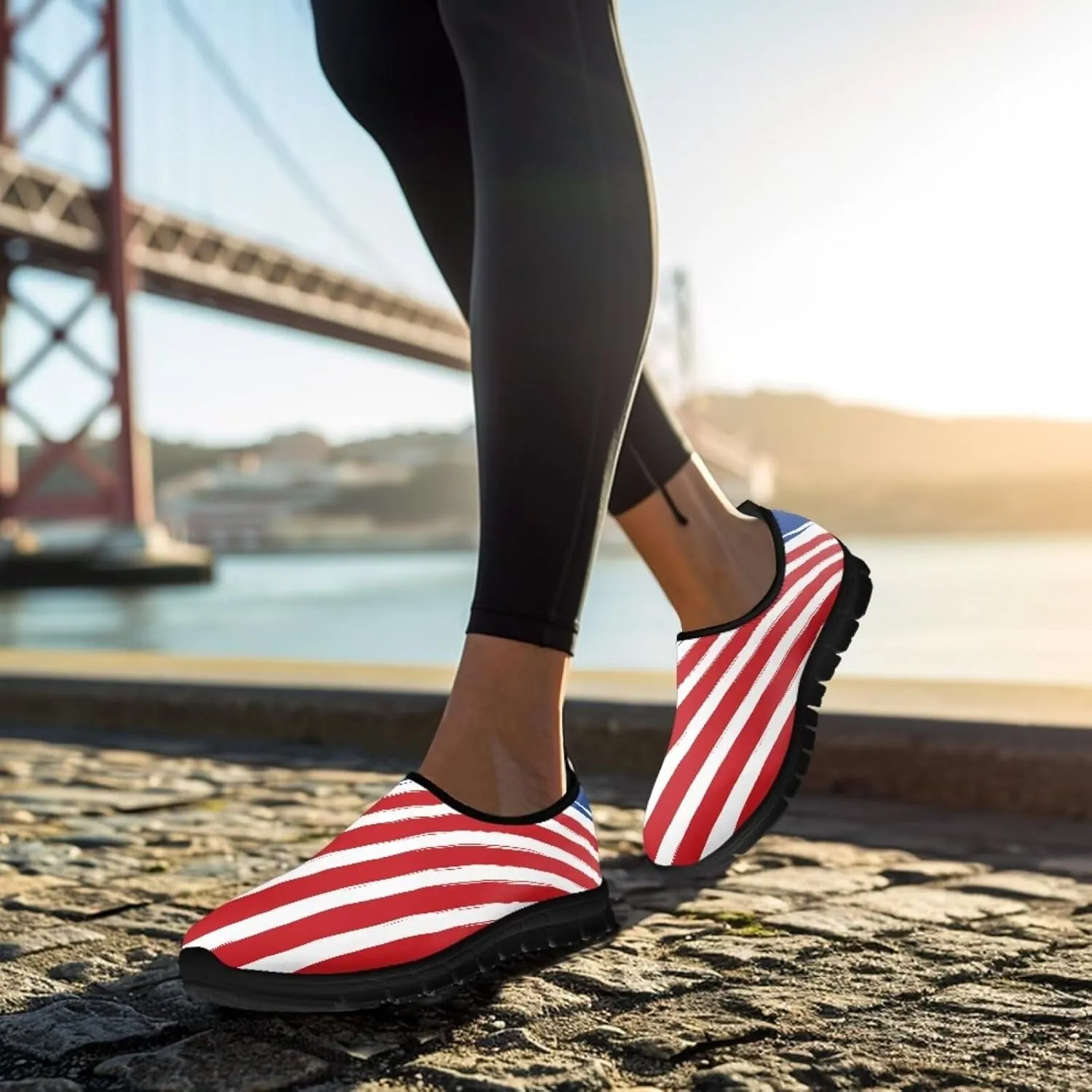 American Flag Walking Shoes for Women Slip On Casual Running Shoes Low Top Mesh Sport Shoes Lightweight Adult Jogging Shoes