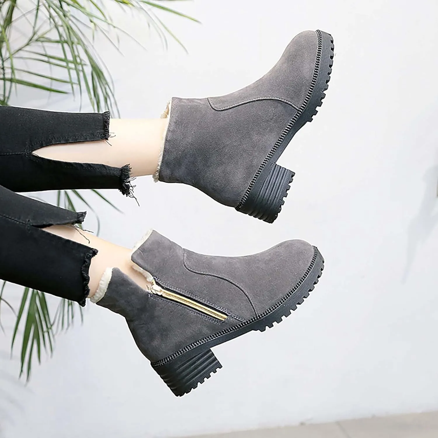 Ankle Boots for Women Low Heel Side Zipper Dress Boots Plush Lined Womens Boots Mid Calf Square Heel Hiking Boots
