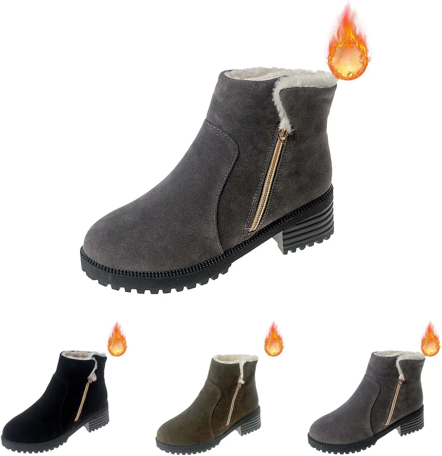 Ankle Boots for Women Low Heel Side Zipper Dress Boots Plush Lined Womens Boots Mid Calf Square Heel Hiking Boots