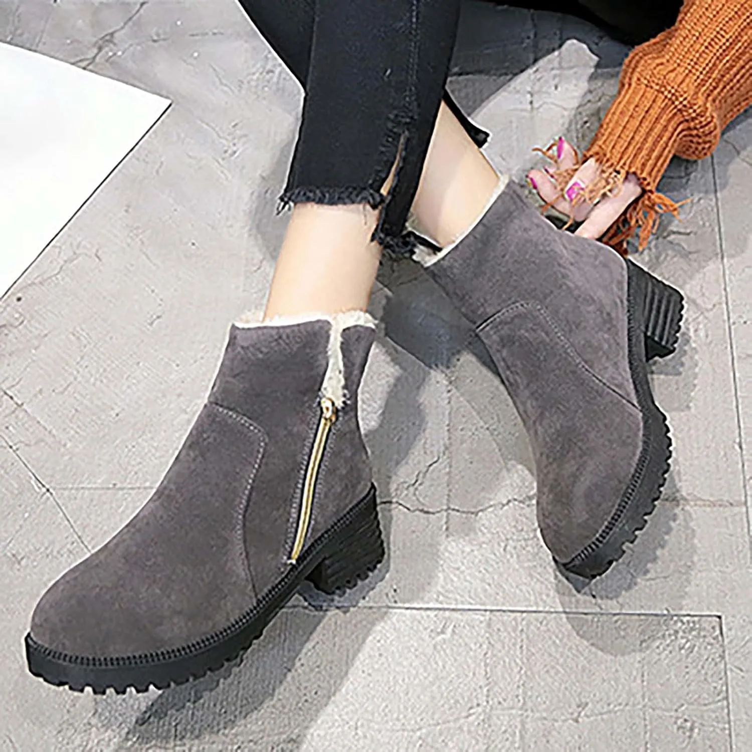 Ankle Boots for Women Low Heel Side Zipper Dress Boots Plush Lined Womens Boots Mid Calf Square Heel Hiking Boots
