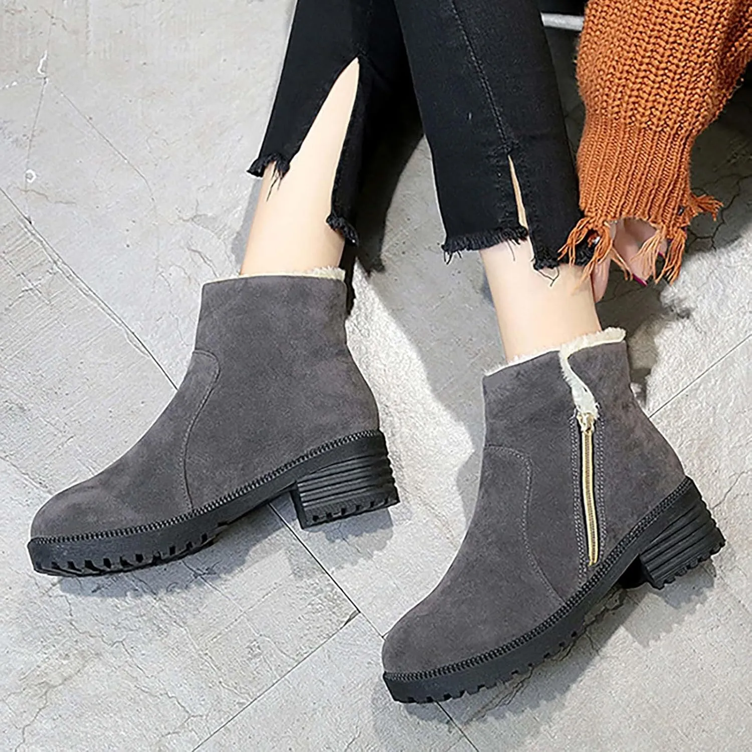 Ankle Boots for Women Low Heel Side Zipper Dress Boots Plush Lined Womens Boots Mid Calf Square Heel Hiking Boots