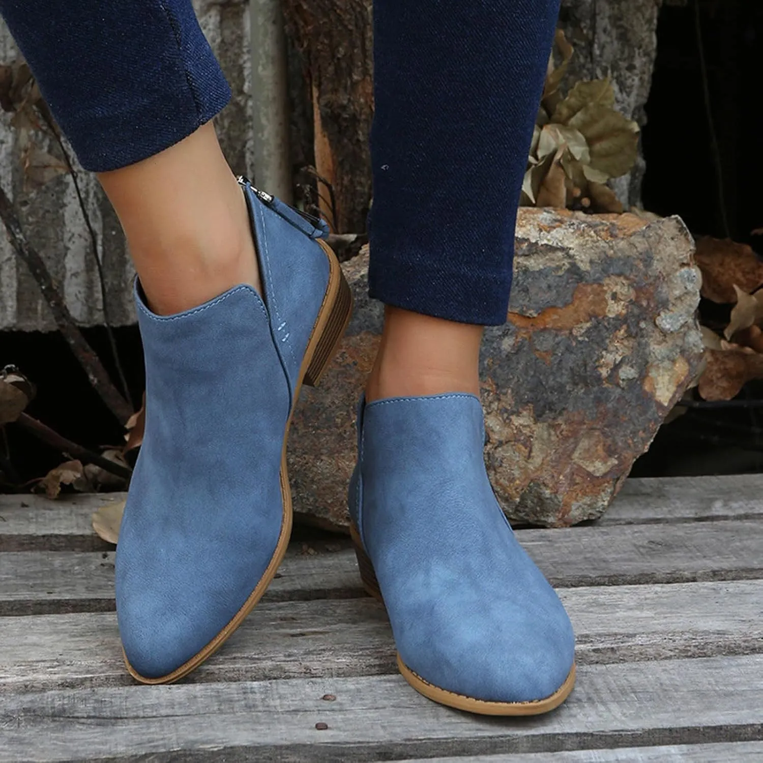 Cathalem Women's Ankle Boots Chunky Cutout Heel Pointed Toe Short Booties Shoes Ankle Booties Vintage Slip On Flat Short Boots Ladies Fashion Low Heel Boot Womens Casual Shoes