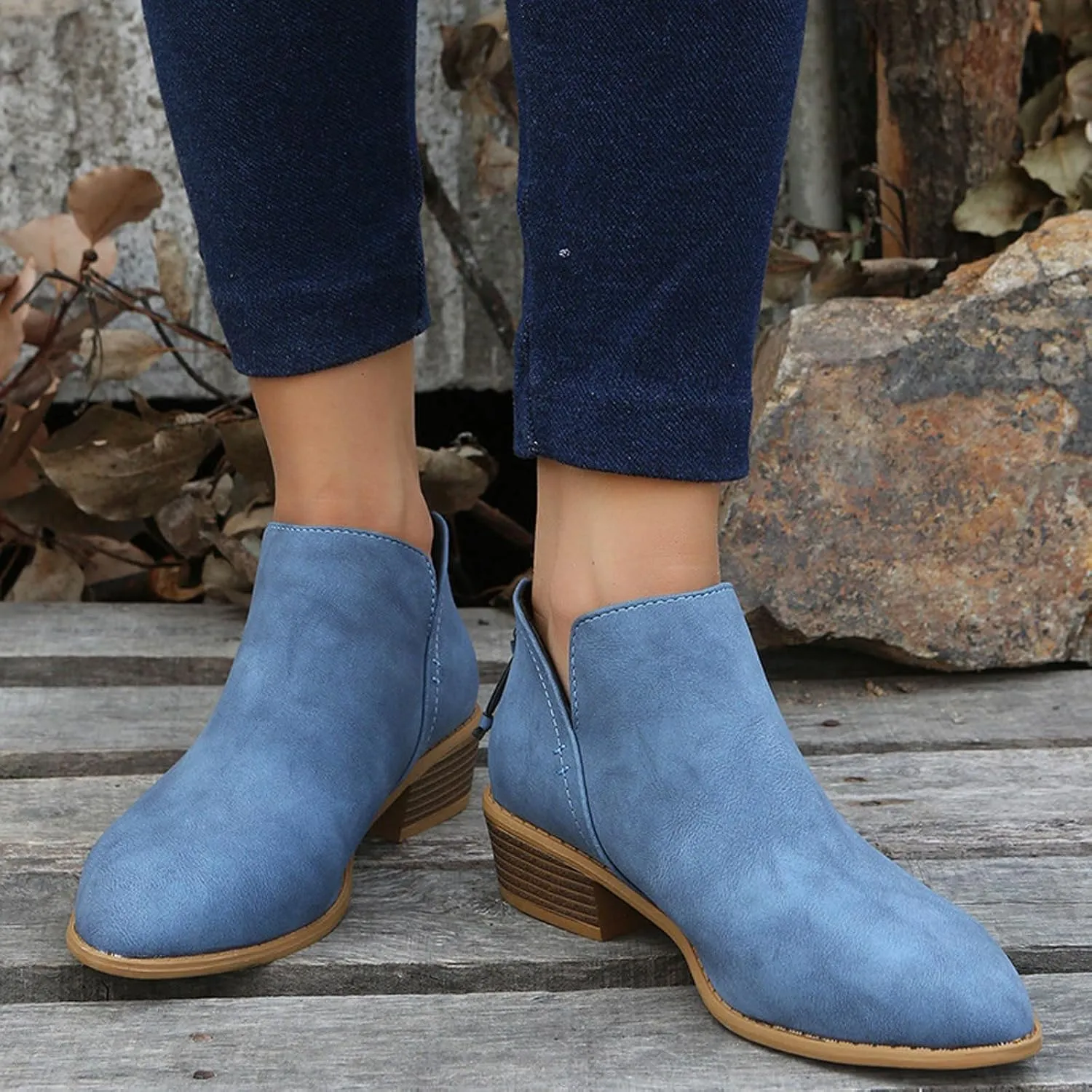 Cathalem Women's Ankle Boots Chunky Cutout Heel Pointed Toe Short Booties Shoes Ankle Booties Vintage Slip On Flat Short Boots Ladies Fashion Low Heel Boot Womens Casual Shoes