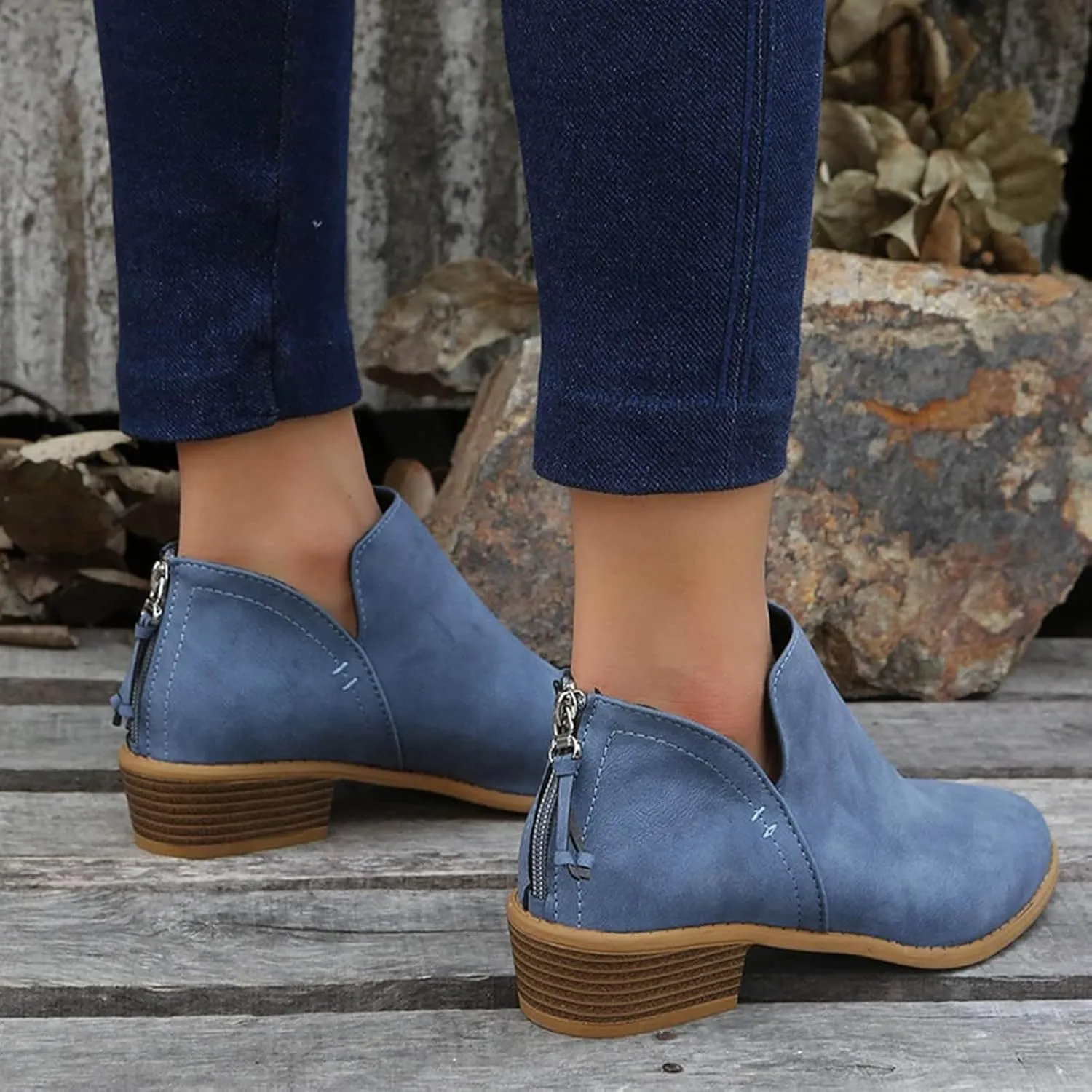 Cathalem Women's Ankle Boots Chunky Cutout Heel Pointed Toe Short Booties Shoes Ankle Booties Vintage Slip On Flat Short Boots Ladies Fashion Low Heel Boot Womens Casual Shoes