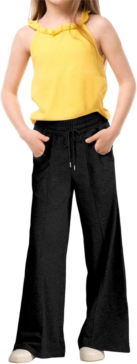 Girls Wide Leg Baggy Sweatpants Oversized Drawstring Kids Straight Leg Track Pants Cute Casual for Teen Plain with Pockets