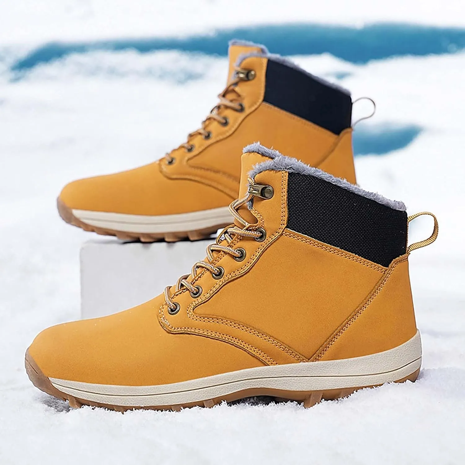 Men Winter Boots Warm Ankle Boots Outdoor Lace Up Hiking Boots Non-Slip Shoes Waterproof Fur Lined Boots