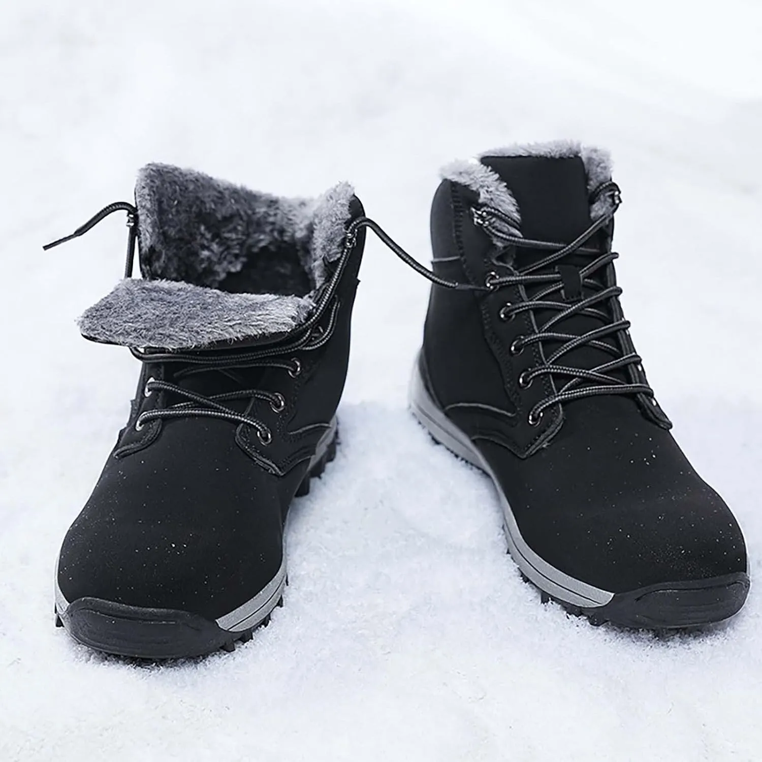 Men Winter Boots Warm Ankle Boots Outdoor Lace Up Hiking Boots Non-Slip Shoes Waterproof Fur Lined Boots
